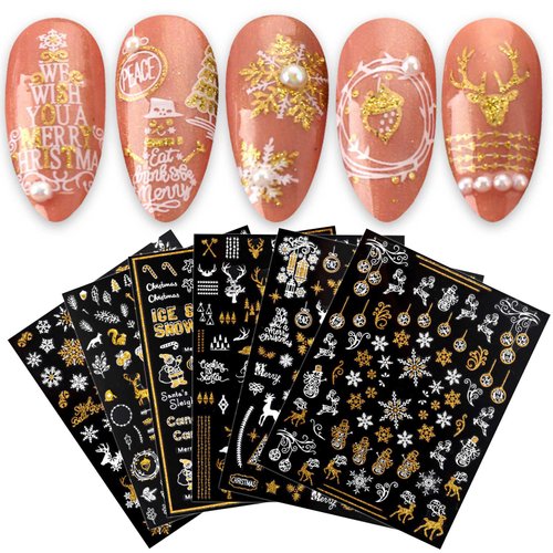 JMEOWIO 9 Sheets Christmas Glitter Nail Art Stickers Decals Self-Adhesive Snowflake Winter Holiday White Nail Supplies Nail Art Design Decoration Accessories