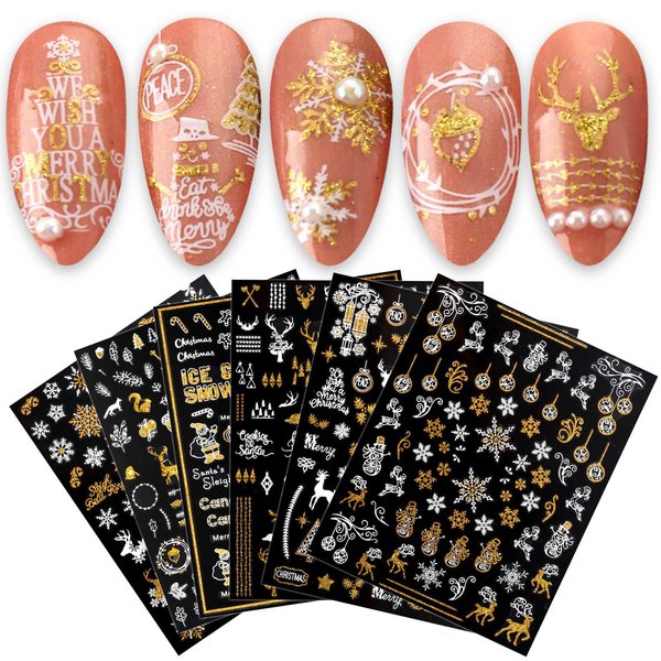 JMEOWIO 9 Sheets Christmas Glitter Nail Art Stickers Decals Self-Adhesive Snowflake Winter Holiday White Nail Supplies Nail Art Design Decoration Accessories