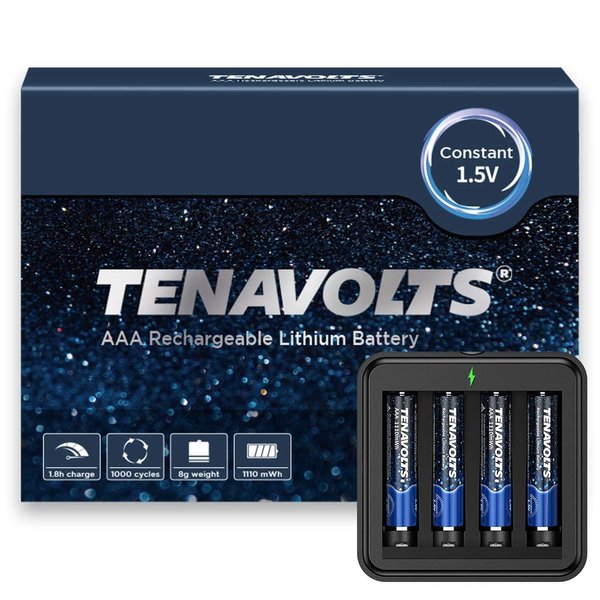 TENAVOLTS 1.5V AAA Lithium Rechargeable Battery, 1.8h Fast Charge, USB Charger, Constant Output at 1.5V, 1110 mWh, 4 Counts with Charger