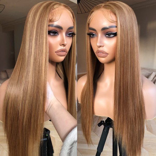 BrownBomb Honey Blonde Lace Front Wig - Pre Plucked, Ready to Wear, HD Glueless 13X5X1 - Highlight Synthetic Straight Wig for Women, SunKissed 4/27 Ombre Honey Blonde