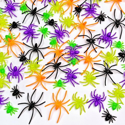 VOVEA Plastic Spiders Halloween Decorations 120PCS, 6 Colorful Styles Fake Spiders Small Realistic Halloween Spider Props for Halloween Treat Bags, Trick or Treat Goodie Bags, Halloween Party Favors