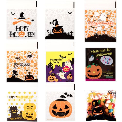 Whaline 400Pcs Halloween Candy Bag, Self Adhesive Clear Cookie Treat Bags, Cellophane Plastic Gift Bags for Halloween Party Supplies, Homemade Craft, Snack Gift Packing (8 Styles)