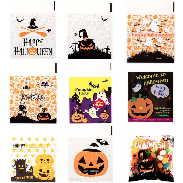 Whaline 400Pcs Halloween Candy Bag, Self Adhesive Clear Cookie Treat Bags, Cellophane Plastic Gift Bags for Halloween Party Supplies, Homemade Craft, Snack Gift Packing (8 Styles)