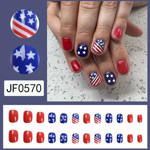 24Pcs 4th of July Press on Nails Independence Day Fake Nails Short Square Shaped Full Cover American Star Stick on Nails Acrylic False Nails Patriotic Designs for Women Girls Manicure Decorations