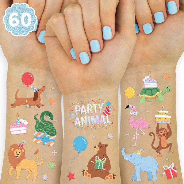 xo, Fetti Party Animal Birthday Party Temporary Tattoos - 60 Foil Styles | Safari Birthday Decorations, Wild Rainbow Kids Accessory, Wild One Elephant Theme Favors, Baby Shower Supplies