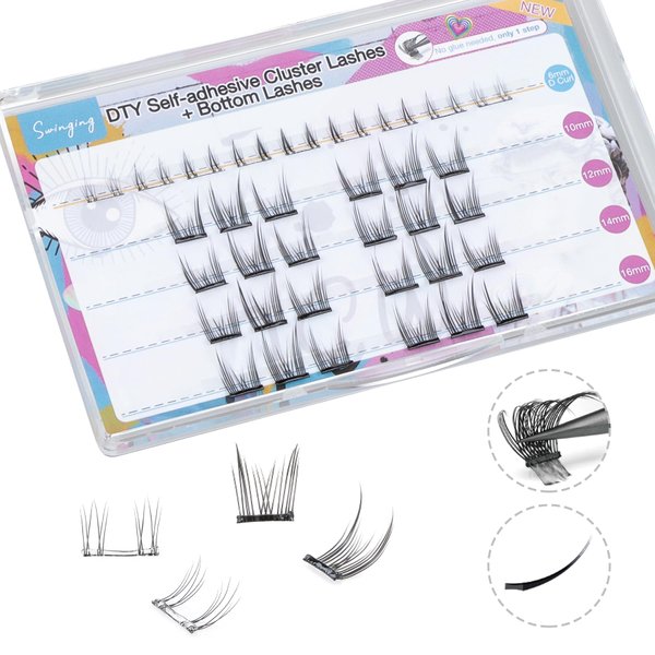 SWINGING Self Adhesive Flat Lash Clusters & Bottom Lashes Eyelash Clusters D Curl Cluster Eyelash Extensions Double Tips Soft Lightweight Reusable Individual Lashes (Flat&Bottom-1)