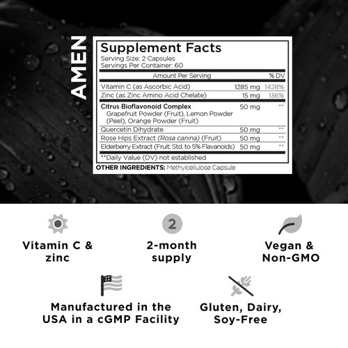 Amen Vitamin C+ Supplement with Zinc, Bioflavonoids, Quercetin, Rose HIPS, Elderberry – Vegan, Non-GMO – 2 Months Supply - 120 Capsules