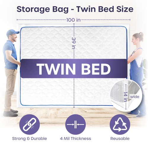 Twin Mattress Bags for Storage - Reusable Heavy Duty Mattress Bag - Plastic Mattress bags for Moving, Storage and Protect Beds from Stains, Dust, and Pest Damage