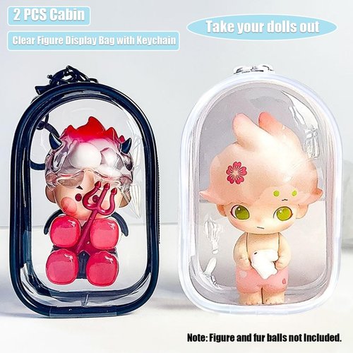 Zurtoki 2 PCS Clear Figure Display Bag with Keychain,Clear Keychain Pouch,Blind Box Display Case,Carrying Case for Doll,Dustproof Waterproof Doll Storage Bag Hanging Organizer Zipper Case(2pcs Cabin)