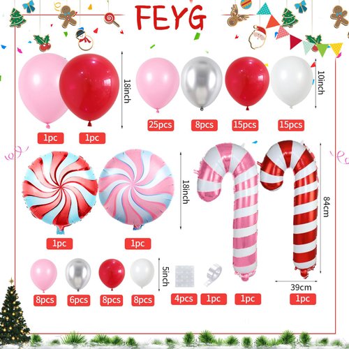 Christmas Balloon Arch Kit, Pink Red White Christmas Balloon Garland Arch Kit with Metallic Silver Balloons Candy Cane Foil balloon for Christmas Party Decorations New Year Xmas Party Supplies