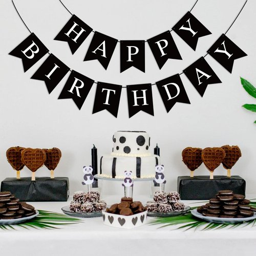 Waenerec Black Happy Birthday Banner Sign Happy Birthday Bunting Banner Garland for Kids Girl Woman Birthday Tea Party Decorations Bunting Flag Birthday Party Supplies