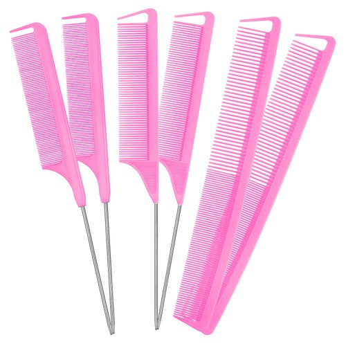 6 Pieces Parting Comb Rat Tail Hair Comb Cutting Comb Set Pintail Comb Carbon Fiber Teasing Comb Styling Comb with Stainless Steel Handle for Braids Salon Home Supplies (Pink)