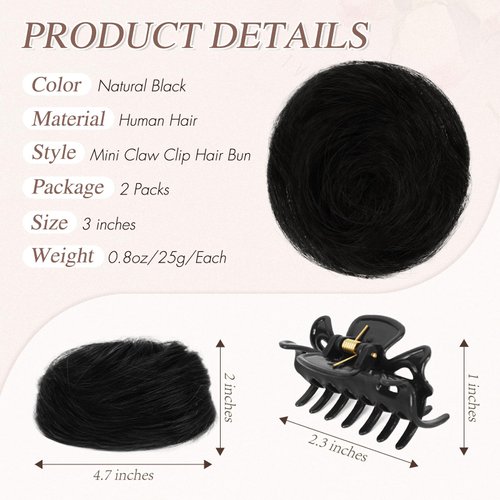 RUWISS 2 Pcs Mini Claw Clip Human Hair Bun Hair pieces Hair Space Buns Clip in Messy Cat Ears Hair Bun Extensions Updo Hairpieces for Women Girls (Pack of 2, Natural Black)