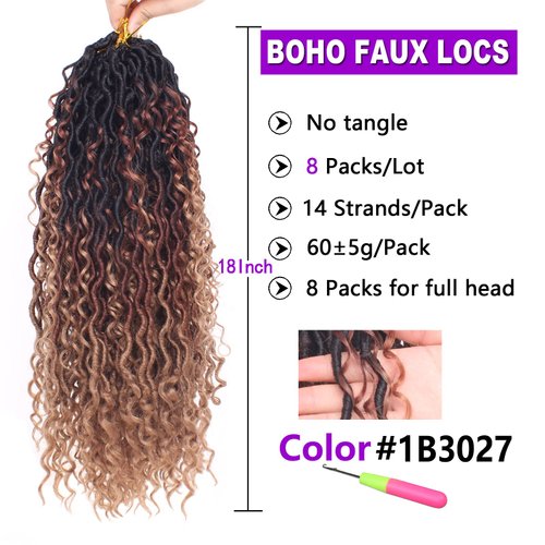 ZRQ 8 Packs 18 Inch Goddess Locs Crochet Braids Hair, 3 Tone Ombre Boho Faux Locs Crochet Hair,Synthetic Bohemian Locs Ombre Hippie Locs,Curly River Locs Hair Extension 1B3027#