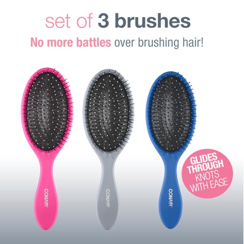 Conair Detangling Hair Brush - For wet and dry hair - Ideal for all hair types - Features flexible bristles- 3 PK (Assorted Color)