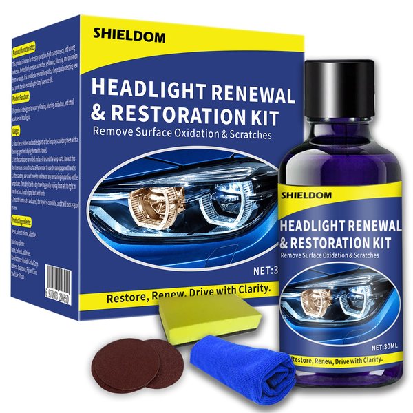 SHIELDOM Car Headlight Restoration Kit Restorer for Auto Headlamp Cleaner Renewal Set of | 3X Sandpaper | 1x Sponge | 1x Towel | Remove Scratches Yellowing and Oxidation - 30ML