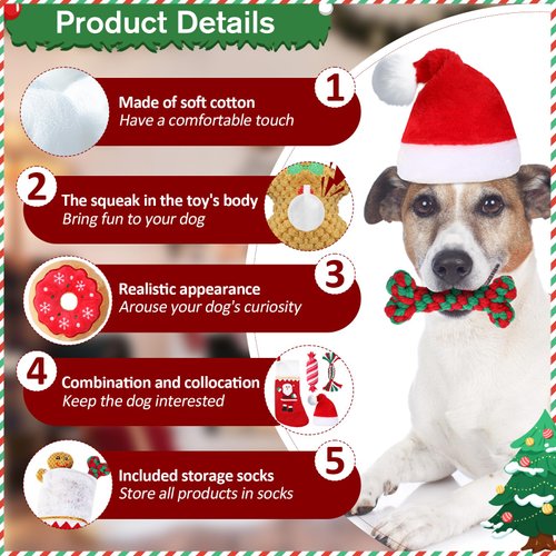 8 Pieces Christmas Dog Toys Set Christmas Plush Interactive Dog Squeaky Toys Santa Gingerbread Man Donut and Candy stuffed Toys Rope Toys Dog Santa Hat and Sock Chew Toys Gift for Medium Small Dogs