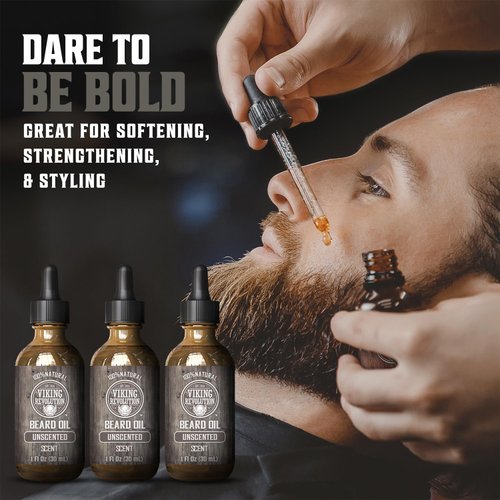 Viking Revolution Unscented Beard Oil for Men - Natural Mens Beard Oil with Argan Oil and Jojoba Oil - Beard Softener, Strengthens and Moisturizes - Beard Conditioner for Men (Unscented, 3 Pack)