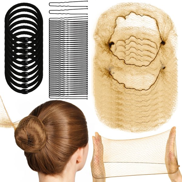 YGDZ Hair Nets for Buns, 40pcs Bun Nets for Ballet Girls, 50cm Invisible Bun Nets Set with 40PCS U Hair Pins, Hair Ties, Elastic Edge Mesh for Food Service, Sleeping, Wig, Women, Girls, Light Coffee