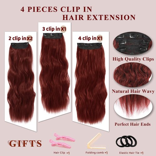 NAYOO Wine Red Hair Clip Extension for Women 4PCS Thick Hairpieces Long Wavy Natural Synthetic Clip in Hair Extensions（20 inch, Wine Red）