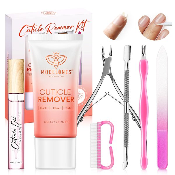 Modelones Cuticle Remover Kit - Cuticle Remover Cream & Cuticle Oil, Cuticle Care Kit w/Cuticle Trimmer Cuticle Pusher & Cuticle Nipper for DIY Nail Manicure, Removedor de Cuticula for Nail Care