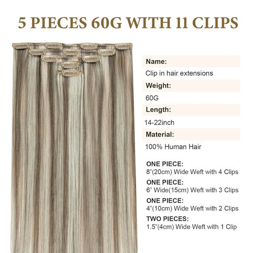 Ash Brown Highlights Platinum Blonde Clip in Real Human Hair Extensions for Women 22 Inch Remy Brazilian Clip on Human Hair Natural Straight Clip ins Hair Invisible Double Weft 60G 5 PCS