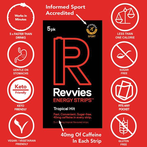 Revvies Energy Strips | Tropical Hit | 50 Strips | 40mg Caffeine Strip | 2 Strip = Coffee/Energy Drink | Less than 2 Calories | Vegan | 10 x 5PK
