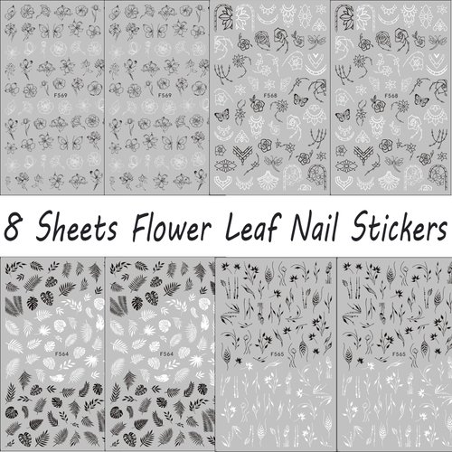 8 Sheet Black Flowers Nail Art Stickers 3D Self- Adhesive Black White Retro Leaf Butterflies Pattern Nail Art Design Classic Fashion Simple Nail Supplies for Women Girls Nails Art DIY Decoration
