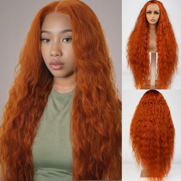 MISS FANCY 34 Inch Ginger Lace Front Wigs For Black Women 13X6 HD Frontal Lace Water Wave Wigs Long Curly Natural Hairline Synthetic Glueless Wig Pre Plucked With Baby Hair Wear and Go