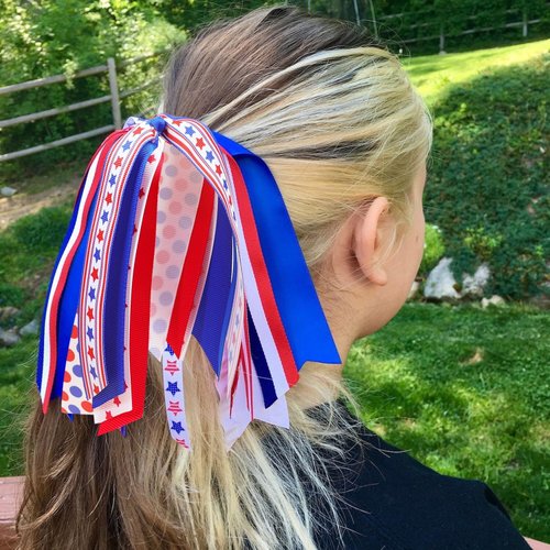 4th of july ponytail holder streamer hair ties,patroic red white blue ribbon bow hair scrunchies,cheer outfit accessories gift for grils