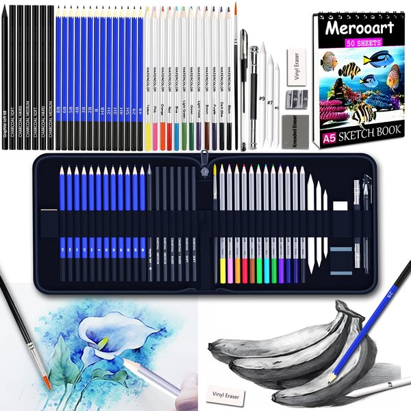 Merooart Drawing and Sketching Set with Sketchbook Artist Adult Beginner Professional Art Supplies Set Graphite Charcoal, Watercolor Pen for Coloring, Sketching, Mixing Durable Art Pencil