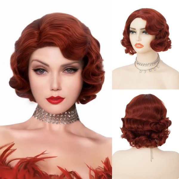 Salaibs Short Red 1920s Wigs for Women Finger Wave Natural Synthetic Hair Wig Lady Cosplay Halloween Costume Flapper Wig