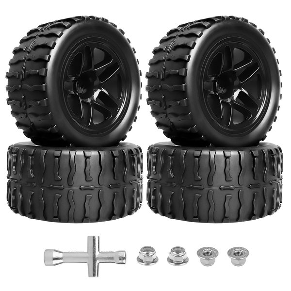 FriHobby Pre-Glued 1/10 Scale RC Truck Wheels and Tires 12mm Hex 2.8 RC MT Tires Compatible with Traxxas Stampede Rustler Hoss Redcat Volcano Blackout XTE 1/10 RC Monster Truck 2S-4S Brushless Power