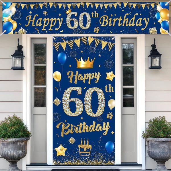 60th Birthday Banner Decorations for Men, Navy Blue Gold Happy 60th Birthday Door Cover Porch Banner and Yard Banner Sign Set Backdrop for Men Women 60th Birthday Anniversary Party Supplies Decor