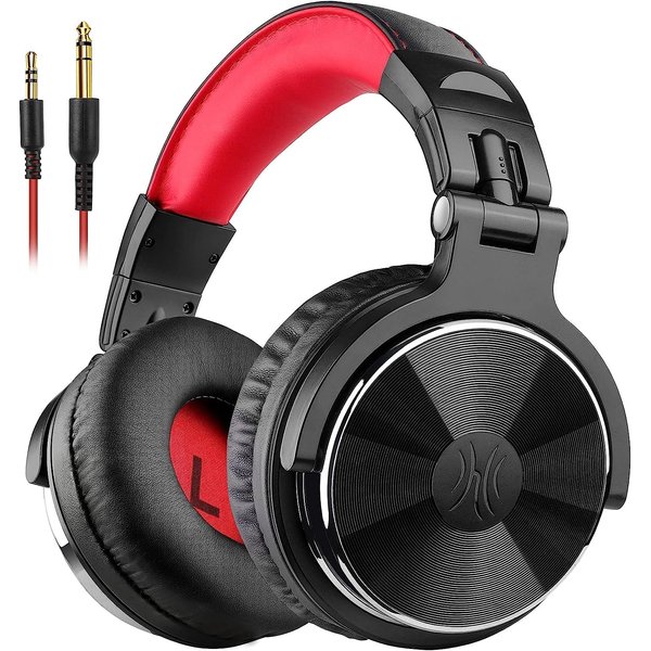 OneOdio Over Ear Headphone, Wired Bass Headsets with 50mm Driver, Foldable Lightweight Headphones with Shareport and Mic for Recording Monitoring Podcast Guitar PC TV - (Red)