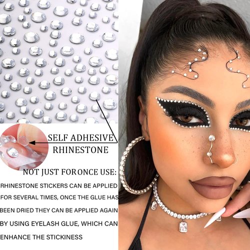 1250 Pcs Self Adhesive Rhinestones for Makeup Eyes 15 Colors Rainbow Rhinestones Face Jewels Face Gems Stick on, DIY Nail Makeup 3mm 4mm 5mm 6mm Rave Festival Accessories Costume for Women