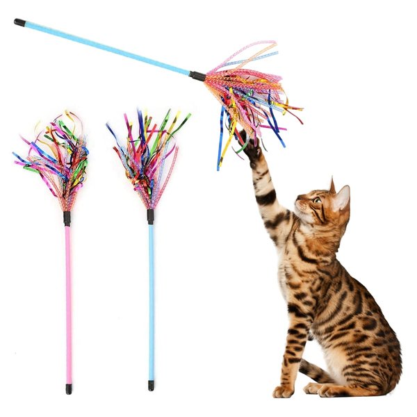 GUGELIVES Cat Toy Wand 2PCS Interactive Cat Feather Toy Cat Teaser with Sound Paper Tassels and Soft Line Tube(Pink+Blue)