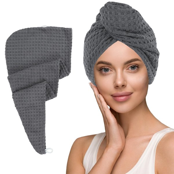 MaopaoBeauty Hair Towel Terry Cloth Absorbent Dry Anti Frizz Twist Plopping Curly Shower for Women Wet Hair 1Pack Grey Waffle Long Hair Head Wraps Quick Dry Hair Drying Towels Button