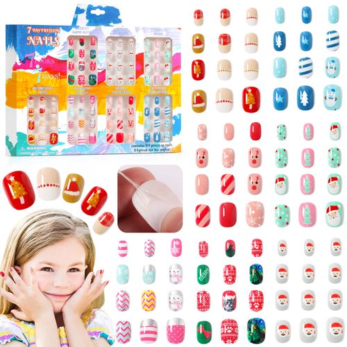 Major Dijit 7-Day Press on Nails for Kids - 84 pcs 7 pack Fake Nails for Girls Cute Pattern Self Adhesive Pre-glue False Nail Tips for Little Girls (Christmas Series)