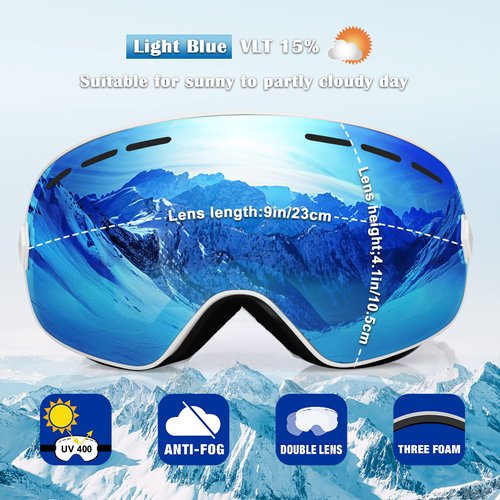 EXP VISION Snowboard Ski Goggles Men Women Youth, Anti Fog OTG Winter Snow Goggles Spherical Detachable Lens (Dream blue)