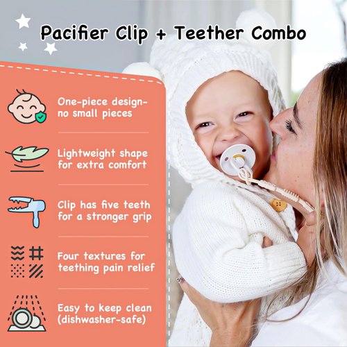 Baby’s Aid Silicone Pacifier Clip, 4 Teething Textures, One-Piece 100% Food-Grade, Baby Pacifier Holder Clip, Binky Clip, Pacifier Strap, Paci Holder, Paci Clip, Teething Pacifier Clip, Universal Fit