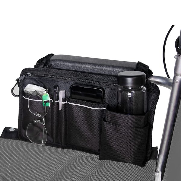 Wheelchair Armrest Accessories Side Bag，Wheelchair Bag，Multi-Pocket Reflective Tape mesh Pocket Walker Wheelchair armrest Storage Bag Suit for Elderly, Seniors,Handicap,Disabled