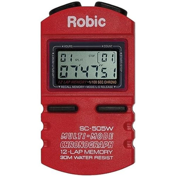 Robic SC-505W Hi Precision Stopwatch; Developed, Sold and Shipped in America; 12 Memory Recall Professional Quality Stopwatch, takes 199 readings, Easy to Use, Easy to Read-Royal Red