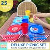 Bright Stripes Kids Picnic Basket Set, Food Pretend Play Tea Party Supplies, Children’s Toys - Includes 4 Plastic Cups, Plates, Spoons, Forks, 4 Napkins, Picnic Mat, 4 Felt Cookies, 25-Piece, Primary