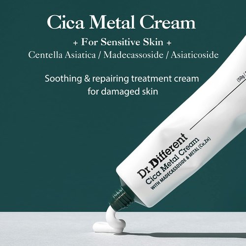 Dr.Different Cica Metal Cream - Madecassoside Soothing Face Cream for Damaged Skin, Repairing and Regenerating with Copper and Zinc, PH Balancing Treatment for Sensitive Skin, 1.69 fl.oz.