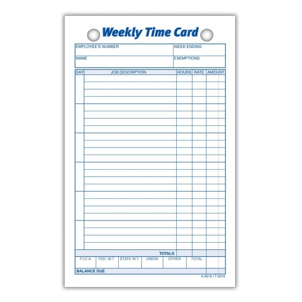 Adams Weekly Time Cards, 1-Sided, 4.25 x 6.75 Inches, White Index Bristol Paper, 100 Cards Per Pack (9616ABF)