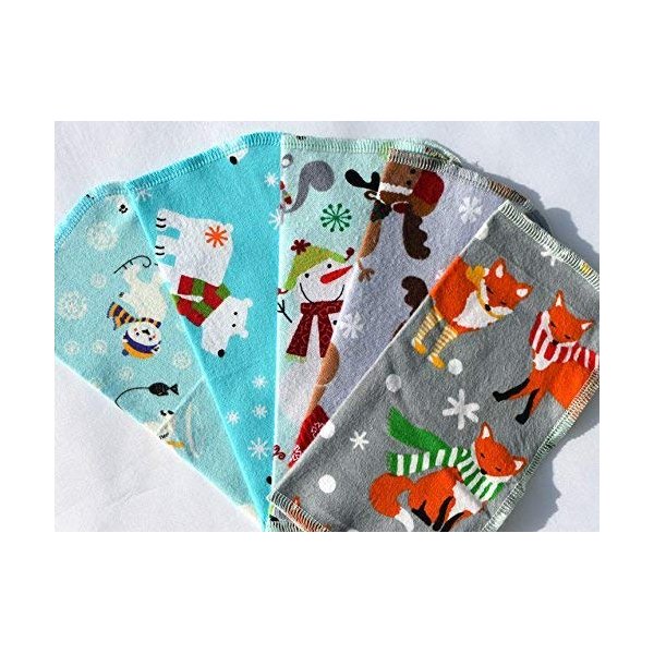 Gina's Soft Cloth Shop 1 Ply Printed Flannel 8x8 Inches Set of 5 Happy Winter Animals