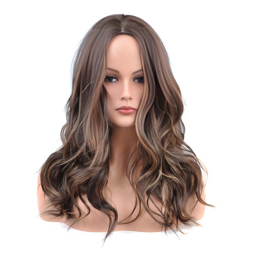 Vieuinaux Brown Mixed Ash Blonde Long Wigs for Women,20inch Wave Curly Middle Part Synthetic Hair Wig Daily with layered