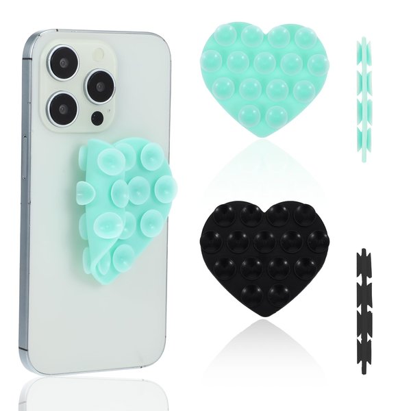 Nogeqi 2PCS Silicone Suction Phone Grip, Heart Shape Suction Phone Case, Double Sided Suction Cup Phone Case, Back of Phone Suction Grip for Mobile Devices(Black, Mint Green)