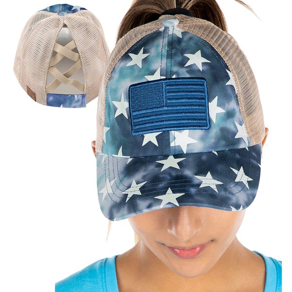 Funky Junque Criss Cross Hat Womens Baseball Cap Distressed Ponytail Messy Bun Trucker Ponycap (American Flag Star Print - Navy w/Mesh)